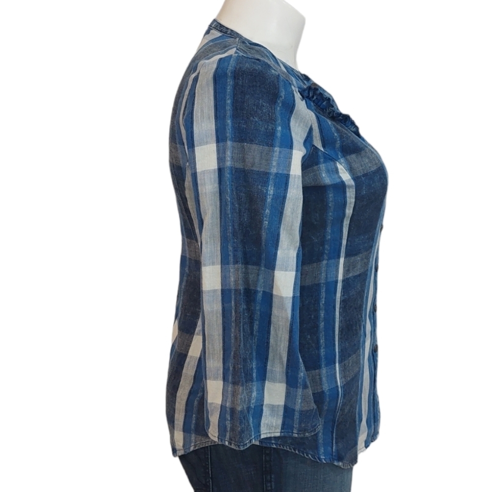 Reba Blue Flannel Blouse Sz M Snap Button Front 100% Cotton - Picture 5 of 12
